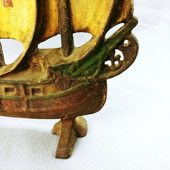 Doorstop Cast Iron Galleon Ship Painted with Red Cross on Sails - Picture 3 of 11